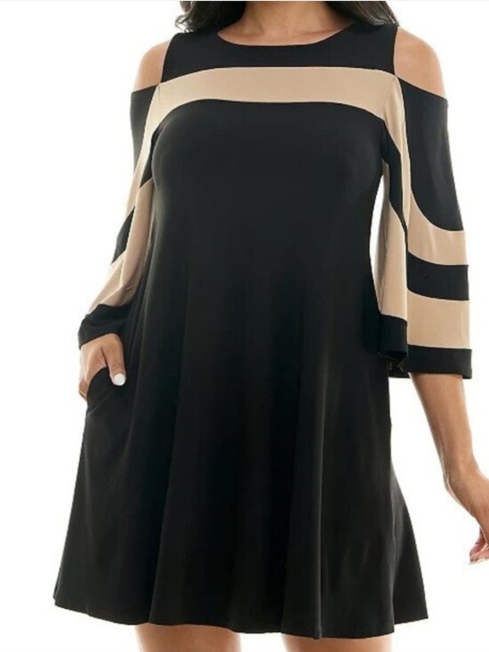 Nina Leonard Black & Beige Cold-Shoulder A-Line Dress